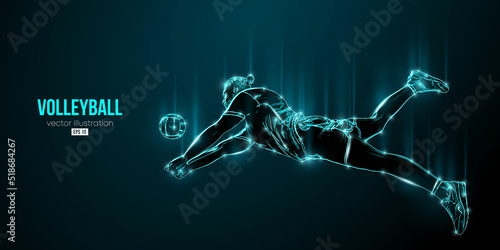 Abstract silhouette of a volleyball player on blue background. Volleyball player man hits the ball. Vector illustration