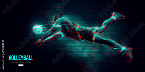Abstract silhouette of a volleyball player on blue background. Volleyball player man hits the ball. Vector illustration