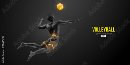 Abstract silhouette of a volleyball player on black background. Volleyball player man hits the ball. Vector illustration
