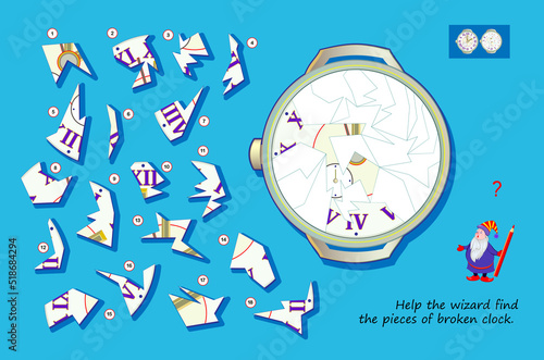 Logic puzzle game for children and adults. Help the wizard find the pieces of broken clock. Page for kids brain teaser book. Task for attentiveness. Developing spatial thinking skills. Play online.