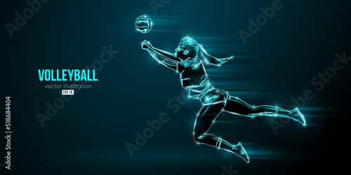 Abstract silhouette of a volleyball player on blue background. Volleyball player woman hits the ball. Vector illustration