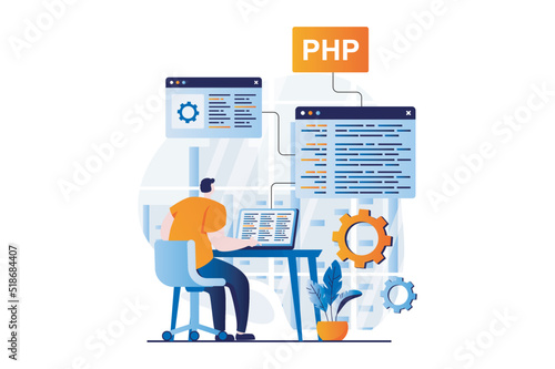 Software development concept with people scene in flat cartoon design. Man working with php language, coding at screens, programming and creates products. Vector illustration visual story for web