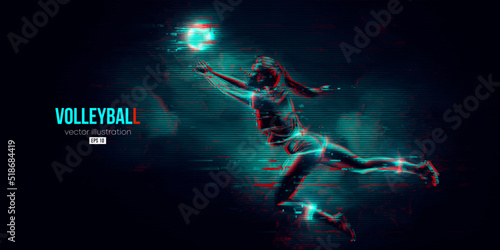 Abstract silhouette of a volleyball player on blue background. Volleyball player woman hits the ball. Vector illustration