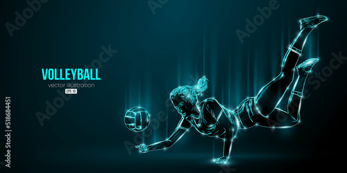 Abstract silhouette of a volleyball player on blue background. Volleyball player woman hits the ball. Vector illustration