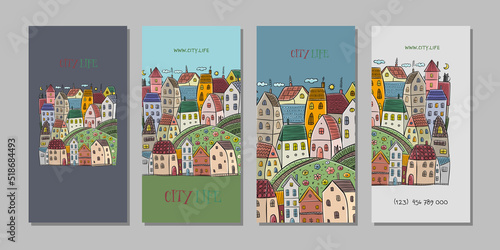 Vintage old city, cute houses. Concept art for your business. Creative ideas for cards, banner, web, promotional materials. Corporate identity template. Vector illustration