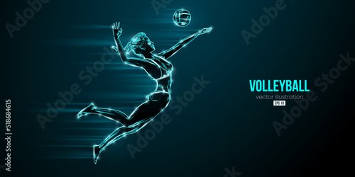 Abstract silhouette of a volleyball player on blue background. Volleyball player woman hits the ball. Vector illustration