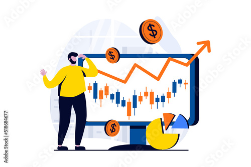 Stock market concept with people scene in flat cartoon design. Man makes money on exchange with successful strategy, analyzes data and increases profit. Vector illustration visual story for web