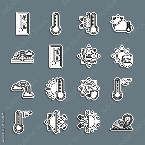 Set line Rainbow with sun, Meteorology thermometer, UV protection, Thermometer snowflake, cloud, and icon. Vector