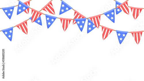 USA flag garland. US patriotic pennants repeating chain. American party bunting decoration. United States flags for celebration. Vector background.