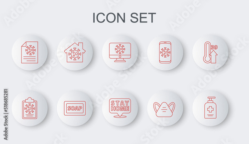 Set line Liquid antibacterial soap, Clipboard with blood test results, Virus statistics on monitor, Medical protective mask, Stay home, Bar of and icon. Vector