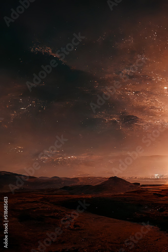 Futuristic fantasy landscape, sci-fi landscape with planet, neon light, cold planet. Dark natural scene, light cube Neon space galaxy portal, space dust, nebula. 3d illustration