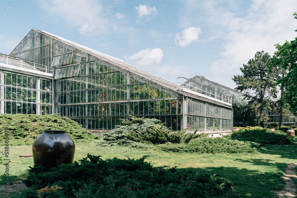 Exterior of greenhouses with botanical gardens in Poland, Poznan