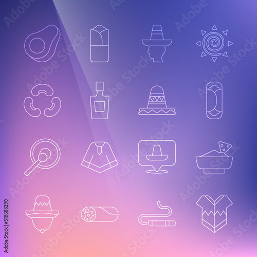 Set line Poncho, Nachos in bowl, Burrito, Mexican man sombrero, Tequila bottle, Beans, Avocado fruit and icon. Vector