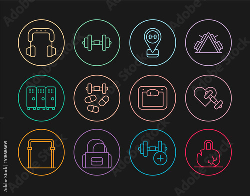 Set line Broken weight, Dumbbell with heart, Location gym, Sports doping dumbbell, Locker changing room, Headphones, Bathroom scales and icon. Vector