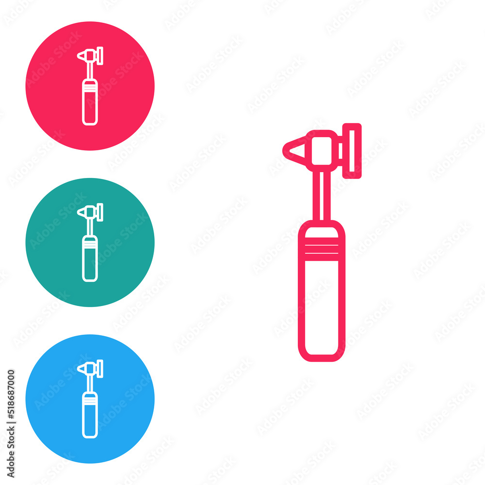 Red line Medical otoscope tool icon isolated on white background. Medical instrument. Set icons in circle buttons. Vector Illustration Red line Medical otoscope tool icon isolated on white background. Medical instrument. Set icons in circle buttons. Vector Illustration
