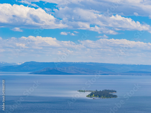 Sunny beautiful high angle view of the Yellowstone Lake landscape in Yellowstone National Park