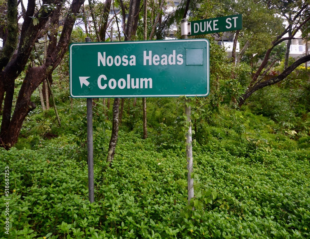 Road sign for Noosa Heads and Coolum on Sunshine Coast in Queensland