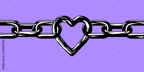 Metal heart with chains. Gothic postcard or background. Modern vector illustration.