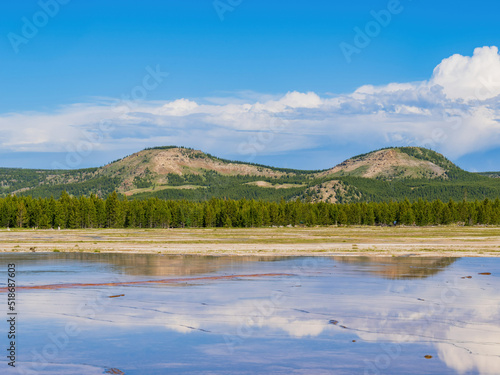 Sunny view of beautiful landscape along Grand Prismatic Spring