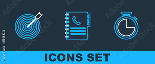 Set line Stopwatch, Target with arrow and Phone book icon. Vector