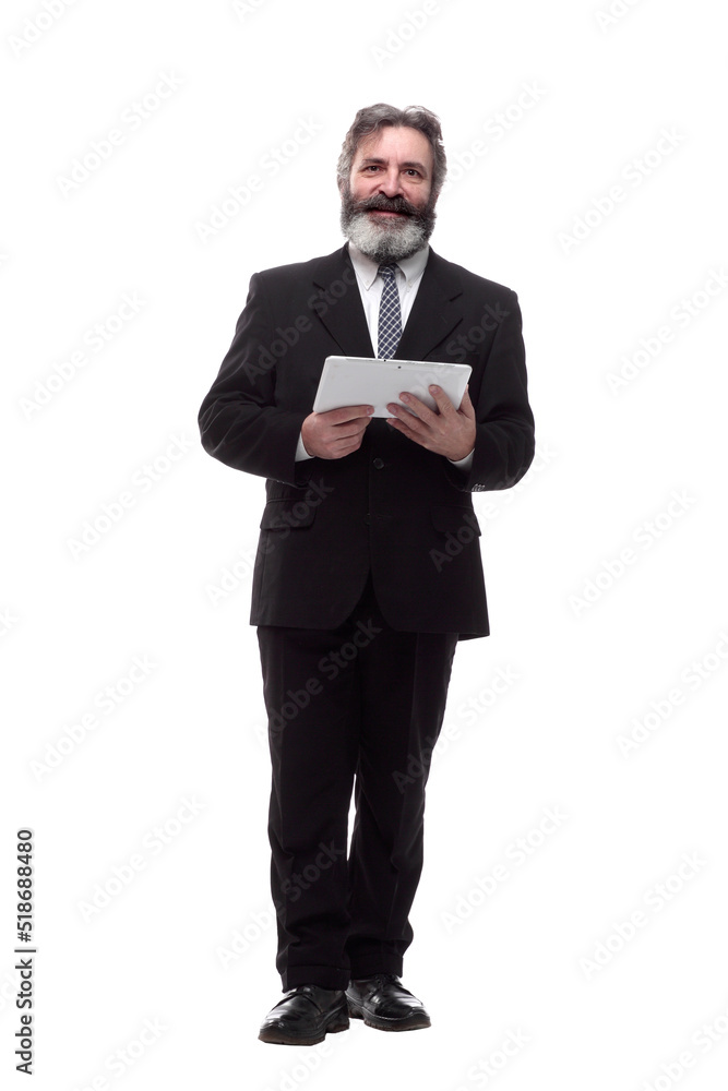 smiling business man with a digital tablet. isolated on a white smiling business man with a digital tablet. isolated on a white