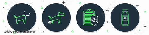 Set line Dog pooping, Clinical record pet, and Pets vial medical icon. Vector