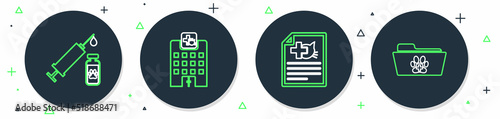 Set line Veterinary medicine hospital, Medical certificate for dog or cat, Syringe with pet vaccine and veterinary record folder icon. Vector