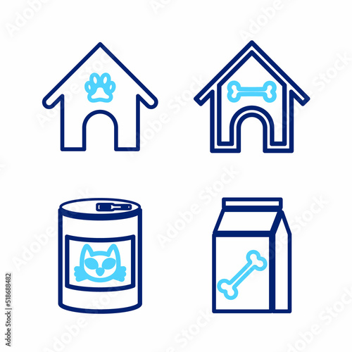 Set line Bag of food for pet, Canned cat, Dog house and bone and paw print icon. Vector