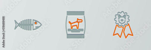 Set line Dog award symbol, Fish skeleton and Bag of food for dog icon. Vector