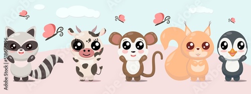 Set of cartoon animals monkey, cow, squirrel, raccoon, penguin in Japanese kawaii style