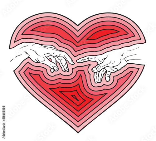 Vector hand drawn illustration of hands reaching inside a big gradient steps red heart shape and isolated on white background.