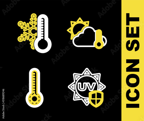 Set line Thermometer and cloud, sun, UV protection, Meteorology thermometer and with snowflake icon. Vector