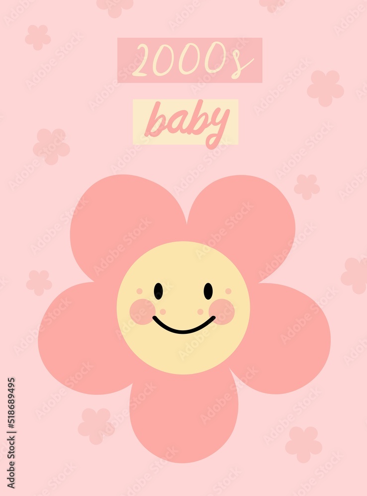 Postcard pink illustration with smiling flower 2000s baby text. Y2k concept for background and scrapbook. Postcard pink illustration with smiling flower 2000s baby text. Y2k concept for background and scrapbook.