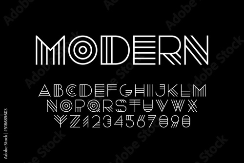 Modern designer line alphabet. Trendy english font. White latin letters and numerals - digital minimalistic style. New creative signs typeface