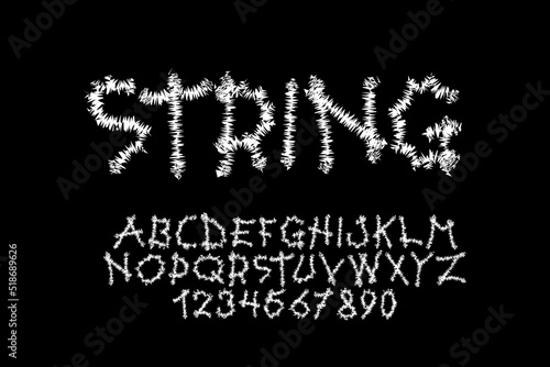 Modern designer cartoon alphabet. Trendy english font. White latin letters and numerals - string minimalistic style. New creative signs typeface