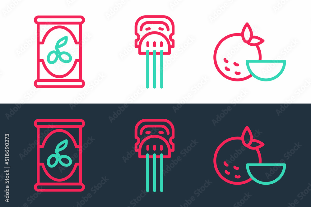 Set line Orange fruit, Olives in can and Peineta icon. Vector Set line Orange fruit, Olives in can and Peineta icon. Vector