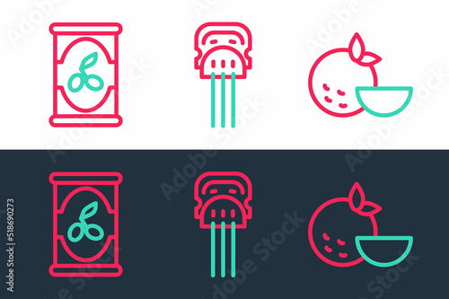 Set line Orange fruit, Olives in can and Peineta icon. Vector