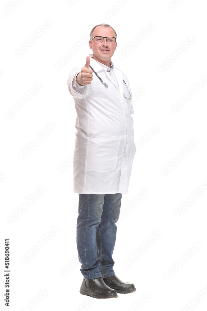 Cheerful mature doctor looking at camera and pointing away Cheerful mature doctor looking at camera and pointing away