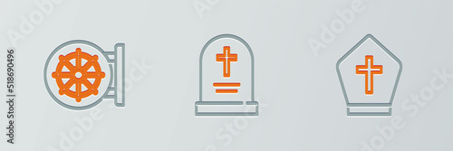 Set line Pope hat, Dharma wheel and Tombstone with cross icon. Vector