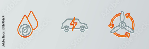 Set line Wind turbine, Water energy and Electric car icon. Vector