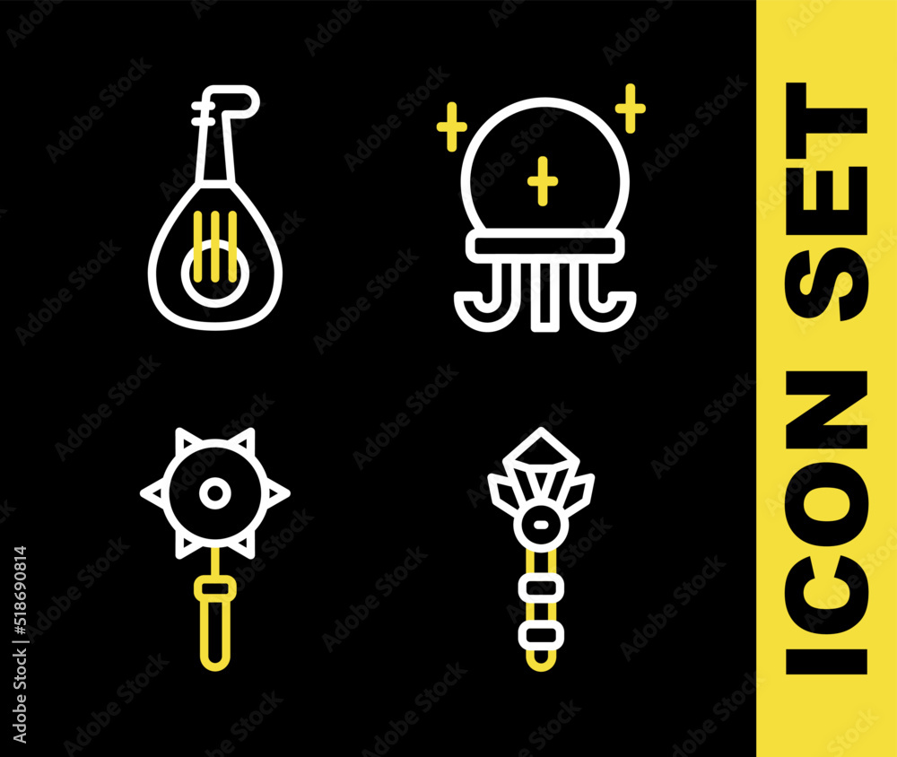 Set line Magic ball, wand, Medieval chained mace and Lute icon. Vector Set line Magic ball, wand, Medieval chained mace and Lute icon. Vector