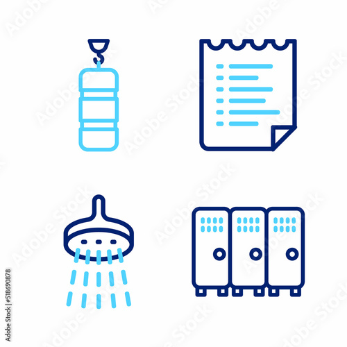 Set line Locker or changing room, Shower, Sport training program and Punching bag icon. Vector
