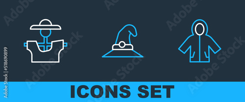 Set line Raincoat, Scarecrow and Witch hat icon. Vector