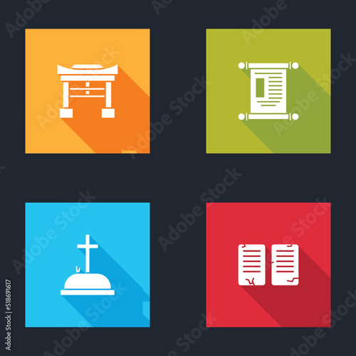 Set Japan Gate, Decree, paper, parchment, scroll, Tombstone with cross and The commandments icon. Vector