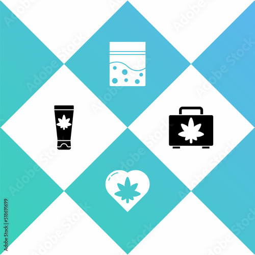 Set Medical cream with marijuana, Marijuana leaf in heart, Plastic bag of cannabis and Shopping box icon. Vector