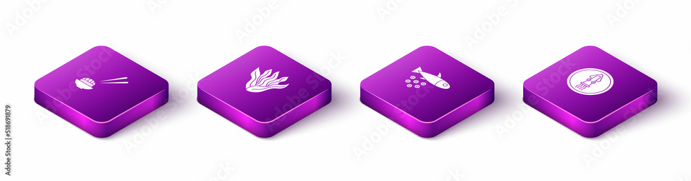 Set Isometric Sushi, Seaweed, Fish with caviar and Octopus on plate icon. Vector Set Isometric Sushi, Seaweed, Fish with caviar and Octopus on plate icon. Vector