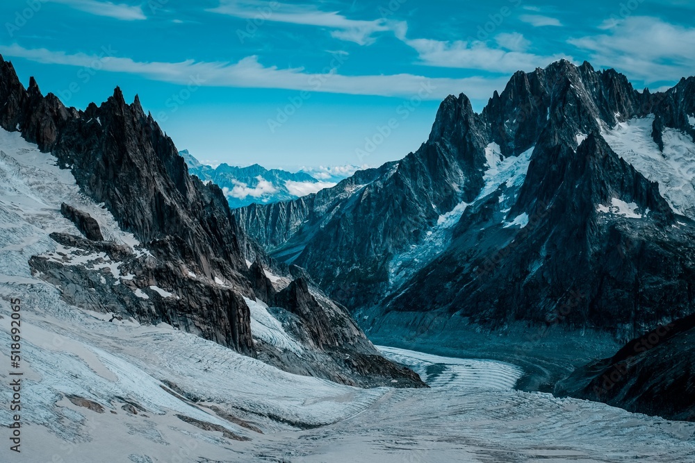 Beautiful wide shot of ruth glaciers covered in snow