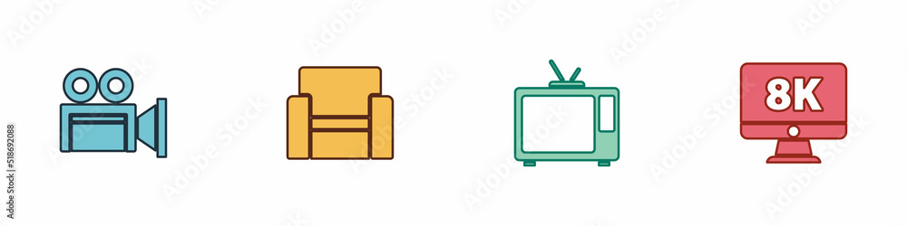 Set Cinema camera, chair, Retro tv and Monitor with 8k icon. Vector Set Cinema camera, chair, Retro tv and Monitor with 8k icon. Vector