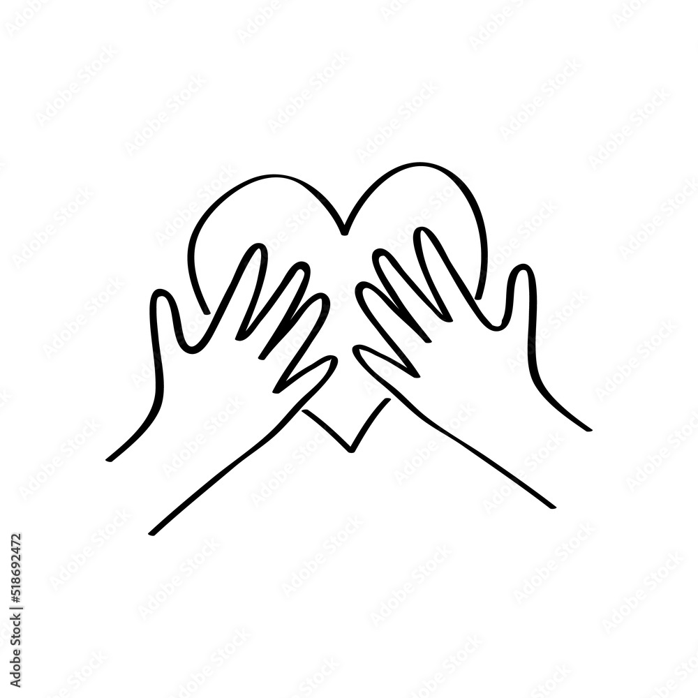 Kids hands holding heart. Charity donation, social care concept. Vollunteer logo. Outline illustration in hand drawn style Kids hands holding heart. Charity donation, social care concept. Vollunteer logo. Outline illustration in hand drawn style