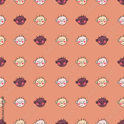 Trendy seamless pattern with doodle baby faces. Perfect for T-shirt, poster and print. Hand drawn illustration for decor and design.